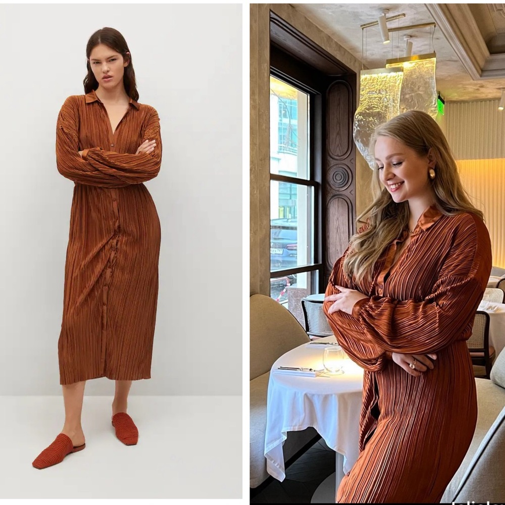 Mango Rust Brown Pleated Midi Shirt Dress